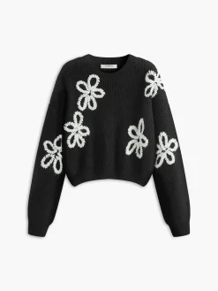 Sale Crew Neck Ribbed Floral Knit Top Sweater Tops|Sweaters & Cardigans