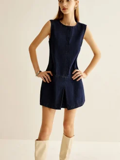 New Crew Neck Sleeveless Denim Dress Casual Dresses|Work Dresses
