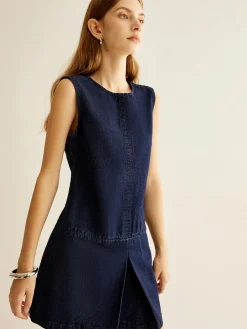 New Crew Neck Sleeveless Denim Dress Casual Dresses|Work Dresses