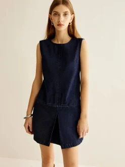 New Crew Neck Sleeveless Denim Dress Casual Dresses|Work Dresses