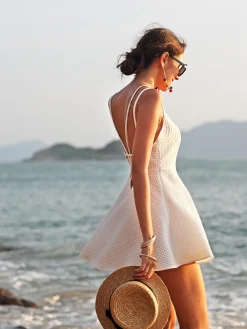 Clearance Criss Cross Backless Short Dress White Dresses|Casual Dresses