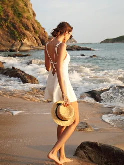 Clearance Criss Cross Backless Short Dress White Dresses|Casual Dresses
