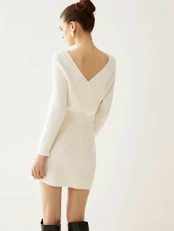 Online Criss Cross Cinched Sweater Dress White Dresses|Black Dresses
