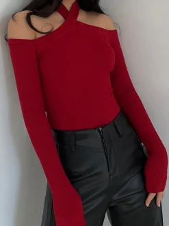 Sale Criss Cross Cold-Shoulder Ribbed Top T-shirts|Tops