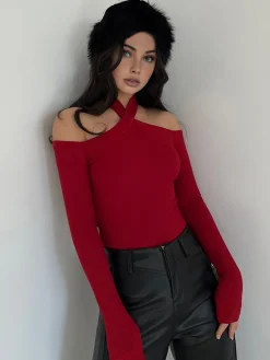Sale Criss Cross Cold-Shoulder Ribbed Top T-shirts|Tops