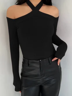 Sale Criss Cross Cold-Shoulder Ribbed Top T-shirts|Tops