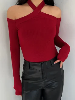 New Criss Cross Cold-Shoulder Ribbed Top T-shirts|Tops