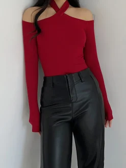 New Criss Cross Cold-Shoulder Ribbed Top T-shirts|Tops