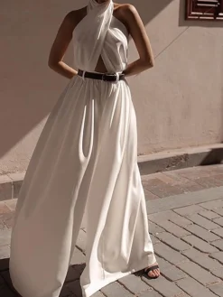 New Criss Cross Halter Backless Jumpsuit Without Belt White Dresses|Jumpsuits & Rompers