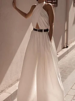 New Criss Cross Halter Backless Jumpsuit Without Belt White Dresses|Jumpsuits & Rompers