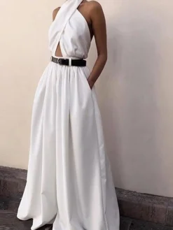 New Criss Cross Halter Backless Jumpsuit Without Belt White Dresses|Jumpsuits & Rompers