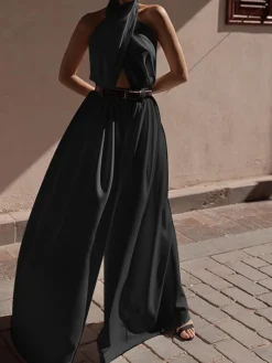 New Criss Cross Halter Backless Jumpsuit Without Belt White Dresses|Jumpsuits & Rompers
