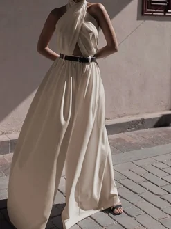 New Criss Cross Halter Backless Jumpsuit Without Belt White Dresses|Jumpsuits & Rompers