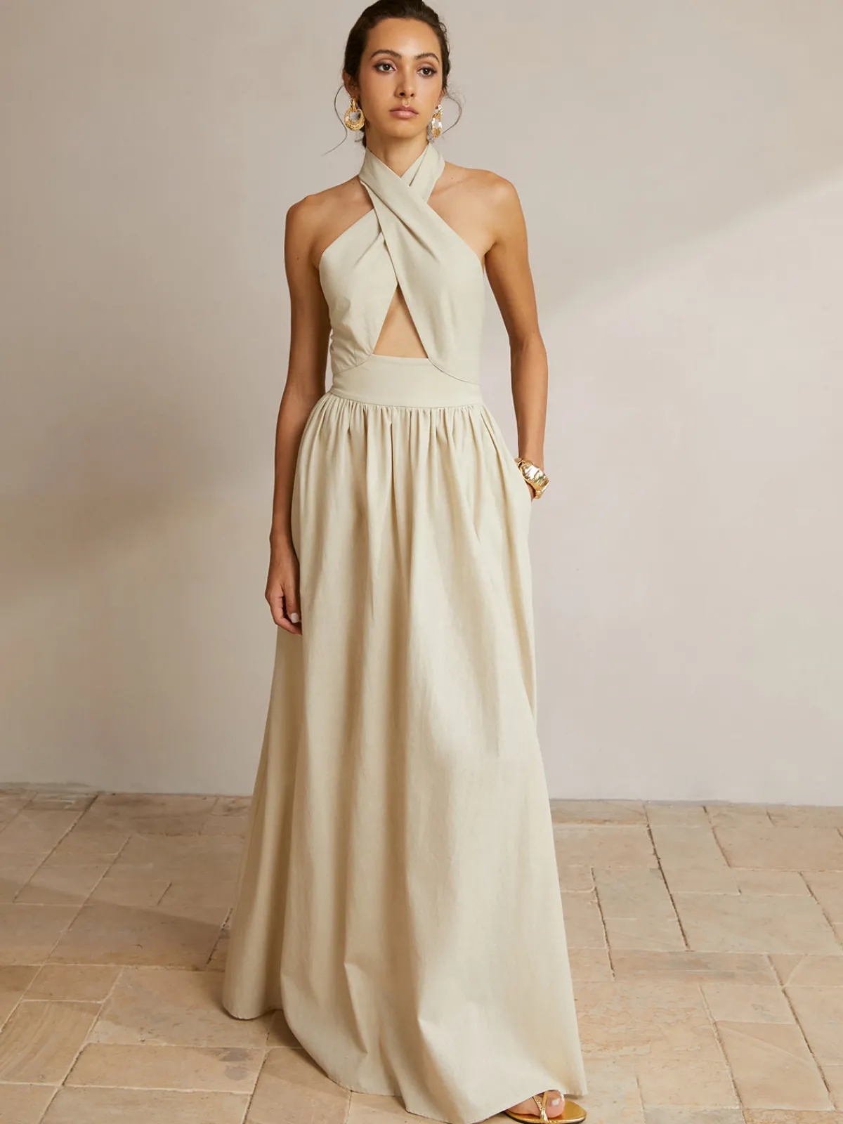 Criss Cross Halter Pockets Long Dress Casual Dresses|Cocktail & Party Dresses