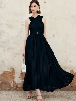 Discount Criss Cross Pleated Long Dress Black Dresses|Cocktail & Party Dresses