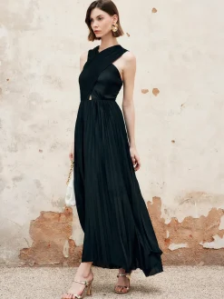 Discount Criss Cross Pleated Long Dress Black Dresses|Cocktail & Party Dresses