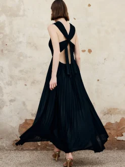 Discount Criss Cross Pleated Long Dress Black Dresses|Cocktail & Party Dresses