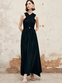 Discount Criss Cross Pleated Long Dress Black Dresses|Cocktail & Party Dresses
