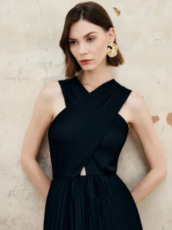 Discount Criss Cross Pleated Long Dress Black Dresses|Cocktail & Party Dresses