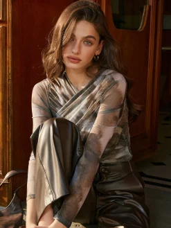 Clearance Criss Cross Printed Mesh Blouse Blouses & Shirts|Tops