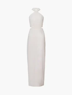 New Crisscross Cutout Halter Split Knit  Long Dress White Dresses|Cocktail & Party Dresses