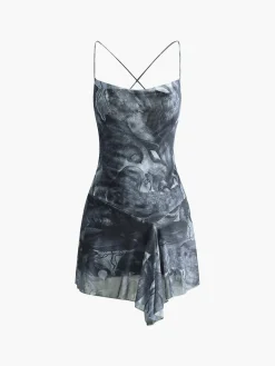 Discount Crisscross Print Asymmetrical Hem Short Dress Dresses