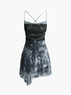 Discount Crisscross Print Asymmetrical Hem Short Dress Dresses