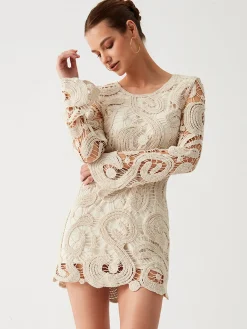 Discount Crochet Paisley Long Sleeve Short Dress Sweater Dresses|Sweater Dresses