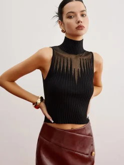 Crop Sheer Panel Sweater Vest Sweater Vests|Sweaters & Cardigans