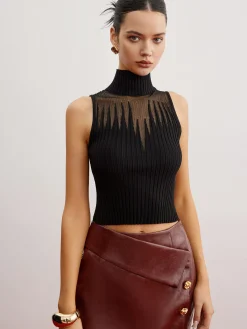Crop Sheer Panel Sweater Vest Sweater Vests|Sweaters & Cardigans