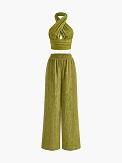 Sale Cross Halter Plisse Pants Set Pants Sets|Matching Sets