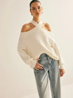 Outlet Cross-Over Collar Cold-Shoulder Sweater Sweater Tops|Sweaters & Cardigans