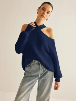 Outlet Cross-Over Collar Cold-Shoulder Sweater Sweater Tops|Sweaters & Cardigans