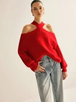 Outlet Cross-Over Collar Cold-Shoulder Sweater Sweater Tops|Sweaters & Cardigans