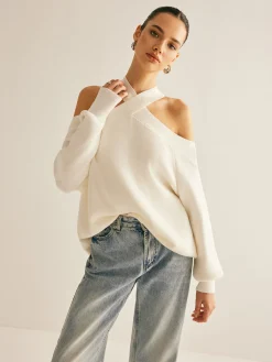 Outlet Cross-Over Collar Cold-Shoulder Sweater Sweater Tops|Sweaters & Cardigans