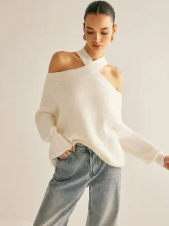 Outlet Cross-Over Collar Cold-Shoulder Sweater Sweater Tops|Sweaters & Cardigans