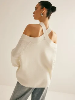 Outlet Cross-Over Collar Cold-Shoulder Sweater Sweater Tops|Sweaters & Cardigans