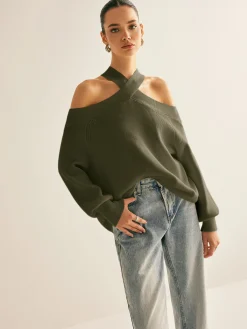 Outlet Cross-Over Collar Cold-Shoulder Sweater Sweater Tops|Sweaters & Cardigans