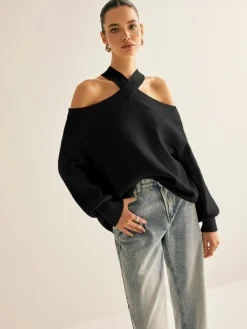 Outlet Cross-Over Collar Cold-Shoulder Sweater Sweater Tops|Sweaters & Cardigans