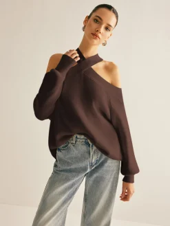 Outlet Cross-Over Collar Cold-Shoulder Sweater Sweater Tops|Sweaters & Cardigans
