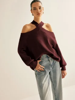 Outlet Cross-Over Collar Cold-Shoulder Sweater Sweater Tops|Sweaters & Cardigans
