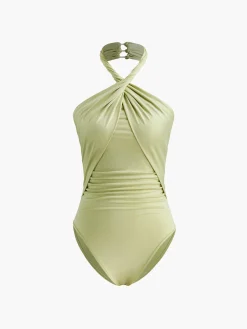 Online Cross-Over Collar Pleated Bodysuit Bodysuits|Bodysuits