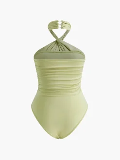Online Cross-Over Collar Pleated Bodysuit Bodysuits|Bodysuits