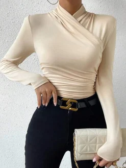 Clearance Cross-Over Collar Pleated Cinched T-Shirt T-shirts|Tops