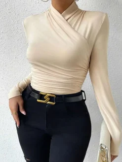 Clearance Cross-Over Collar Pleated Cinched T-Shirt T-shirts|Tops