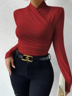 Clearance Cross-Over Collar Pleated Cinched T-Shirt T-shirts|Tops