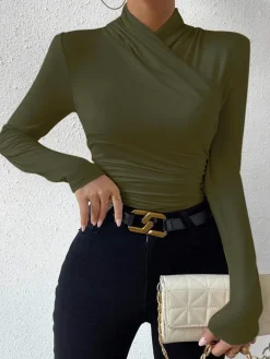 Clearance Cross-Over Collar Pleated Cinched T-Shirt T-shirts|Tops