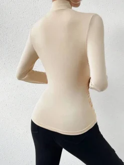 Clearance Cross-Over Collar Pleated Cinched T-Shirt T-shirts|Tops