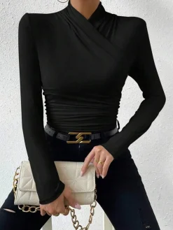 Clearance Cross-Over Collar Pleated Cinched T-Shirt T-shirts|Tops
