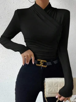 Clearance Cross-Over Collar Pleated Cinched T-Shirt T-shirts|Tops